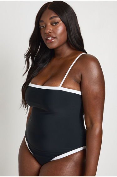 Tummy Control Contrast Square Neck Swimsuit - black