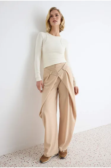 Stone Plain Wide Leg Pleated Double Belt Detailed Wide Leg Long Crepe Knitted Trousers
