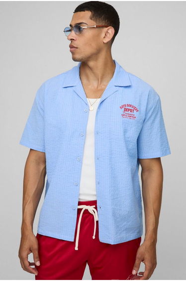 Oversized Seersucker Graphic Revere Shirt