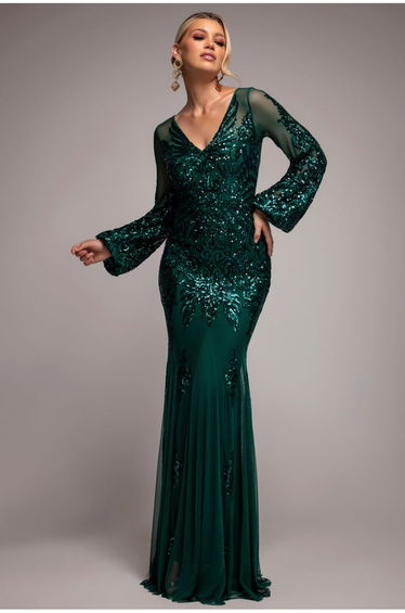 Embellished Sequin Bishop Sleeve Maxi Dress - Emerald Green by Goddiva