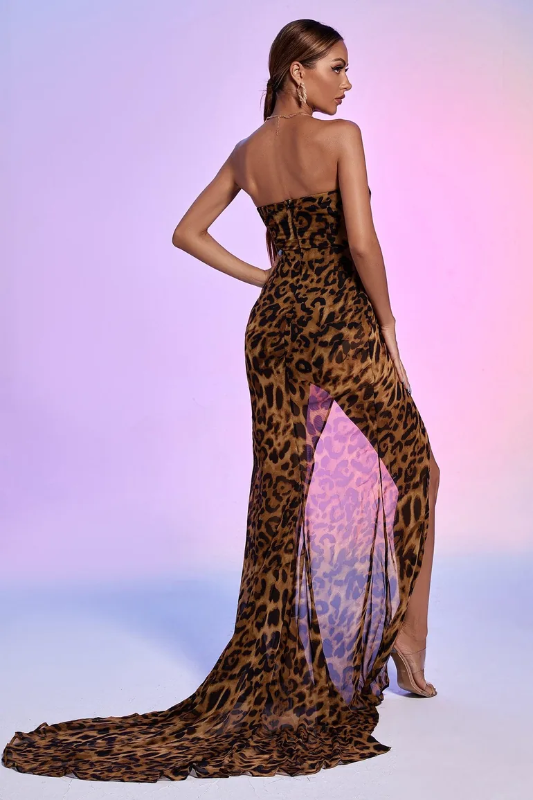 Nava Leopard Mesh Maxi Dress Bella Barnett Brown : Evening Dresses :  VogaCloset Iraq