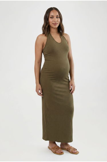 Maternity Rib Halterneck Maxi Dress - khaki