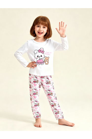 Girls Cute Bunny Print T-Shirt and Pyjama Set
