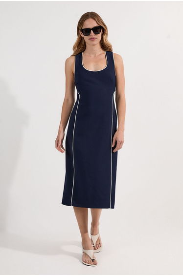 Compact Stretch Contrast Tipped Tailored Pencil Midi Dress