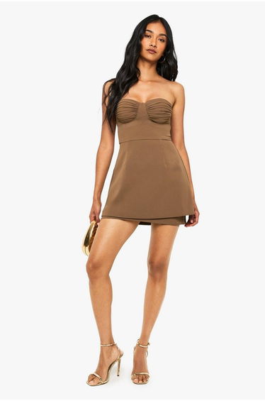 Tailored Ruched A-Line Mini Dress - mocha