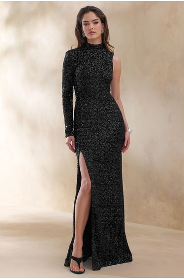 Mery | Black Sequin High-Neck Wrap Maxi Dress With One-Long Sleeve