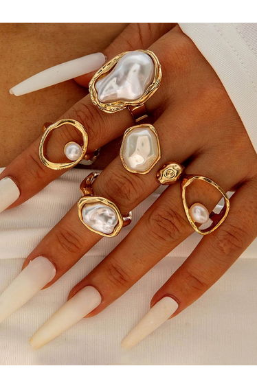 Pack of 5 - Embellished Faux Pearl Rings