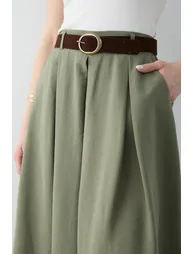 Khaki Belted Wide-Leg Pleated Trousers - 5