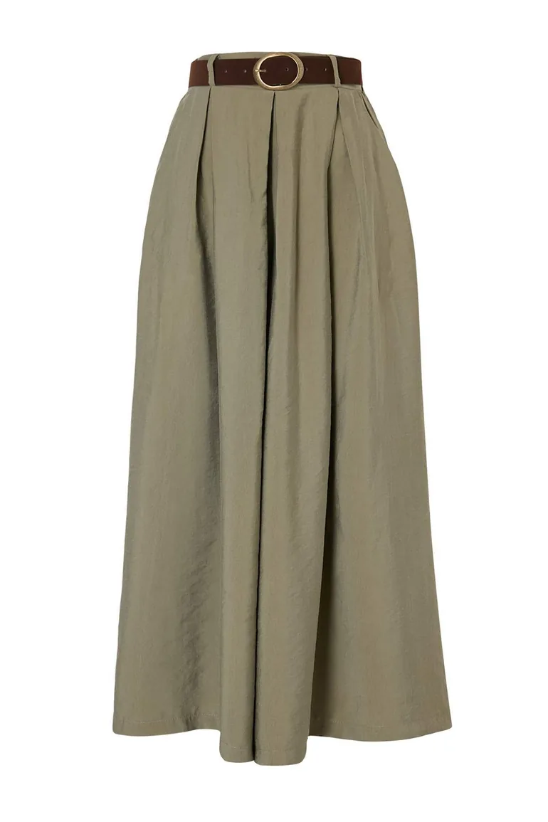 Khaki Belted Wide-Leg Pleated Trousers - 7