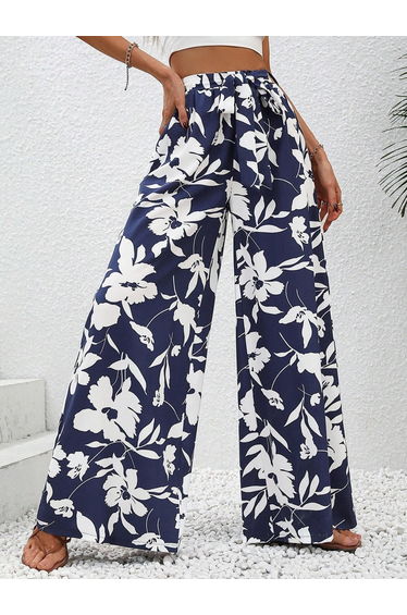 Navy Blue Floral Print Wide Leg Trousers