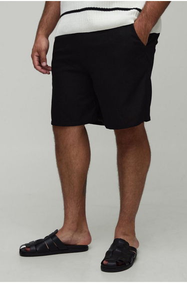 Plus Relaxed Fit Heavyweight Linen Fixed Waist Shorts - black