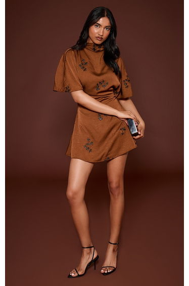 Brown Satin Embroidered Mini Dress
