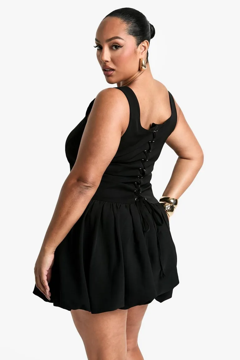 Plus Square Neck Pleated Skater Dress - black - 2