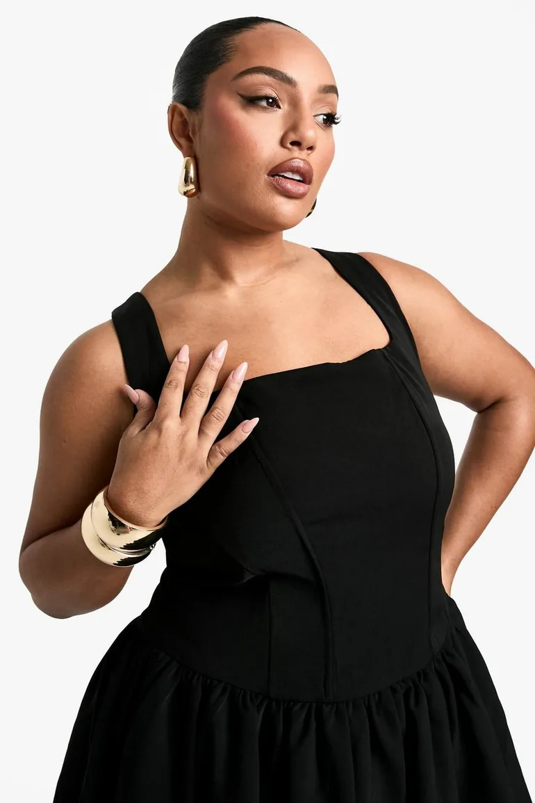 Plus Square Neck Pleated Skater Dress - black - 3