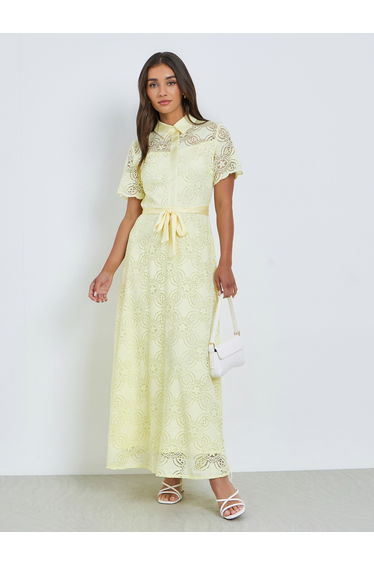 Women Yellow Lace Shirt Maxi Dress