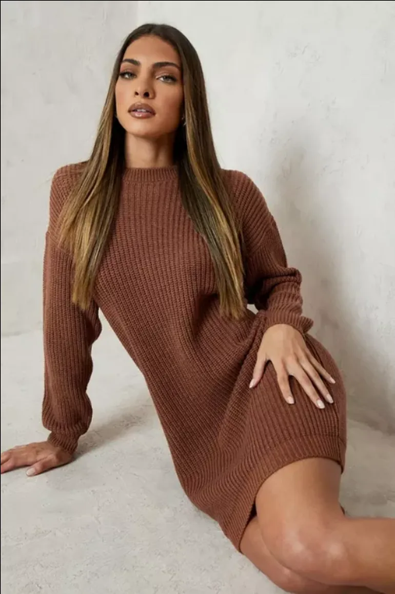Shop Crew Neck Jumper Dress - toffee Online in Oman
