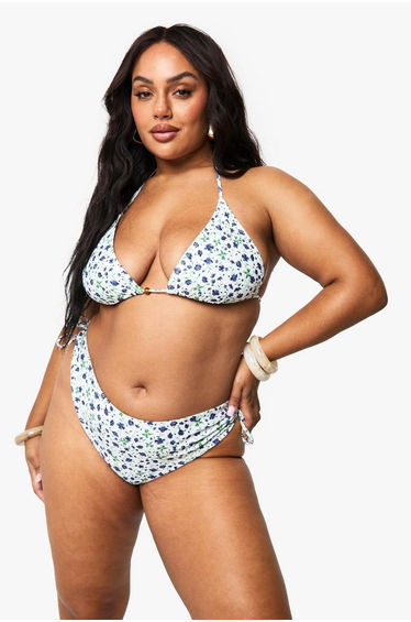 Plus Ditsy Floral beaded Asymmetric Tie Side Bikini Brief - purple