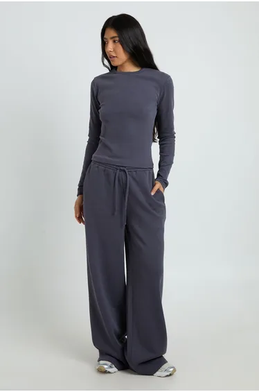 Tall Crew Neck Long Sleeve Top And Straight Leg Jogger Tracksuit - slate