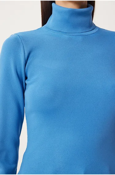 Women's Blue Turtleneck Lycra Knitted Sweater