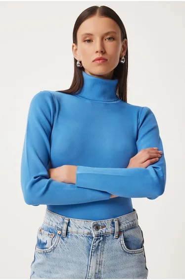 Women's Blue Turtleneck Lycra Knitted Sweater