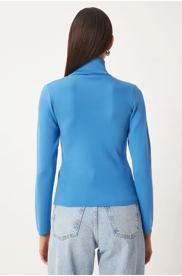 Women's Blue Turtleneck Lycra Knitted Sweater