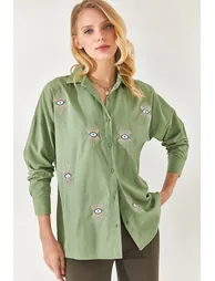 Mustard Green Sequin Detailed Woven Boyfriend Shirt - 3