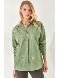 Mustard Green Sequin Detailed Woven Boyfriend Shirt - 2