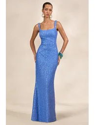 Lucelle | Powder Blue Sequin Scoop-Neck Maxi Dress