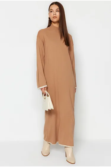 Beige Column Maxi Dress with Long Sleeves