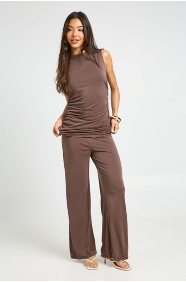 Modal Ruched Side Long Line Top - brown