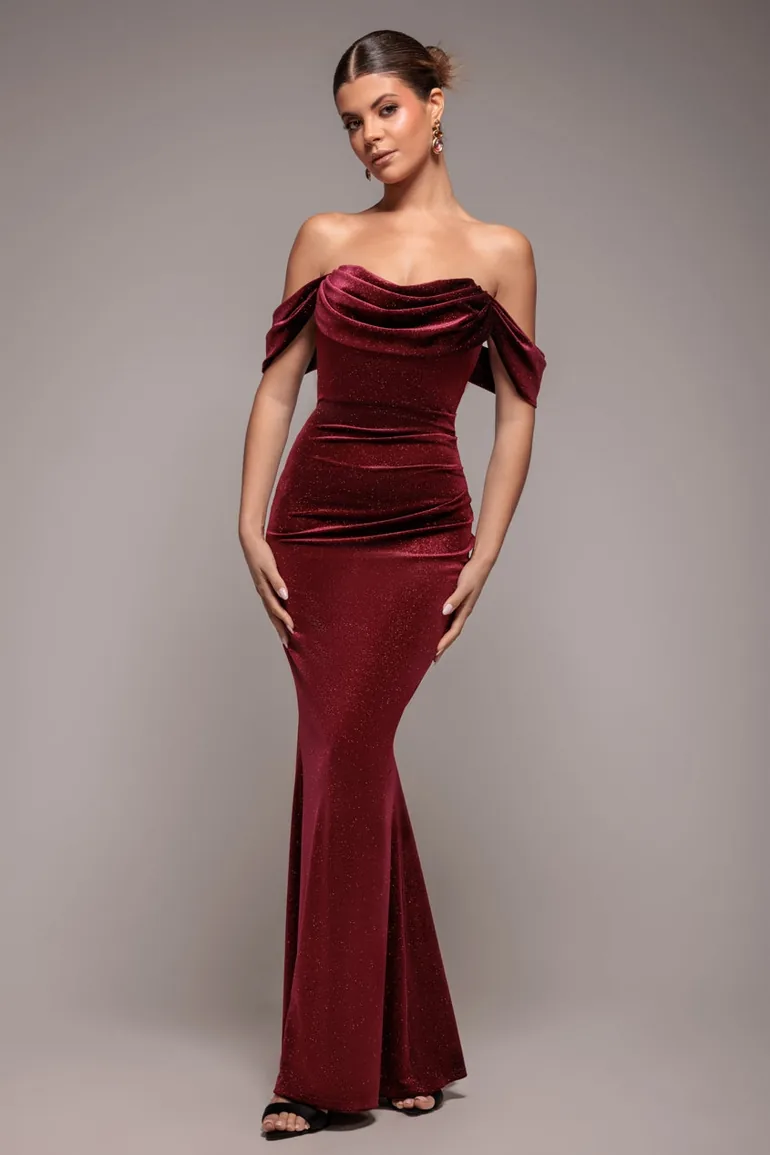 Glitter Velvet Cowl Neck Pleated Waist Maxi Dress - Wine by Goddiva Goddiva  Red : Premium Dresses : VogaCloset Oman