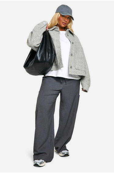 Plus Collared Boucle Wool Look Jacket - grey