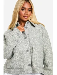 Plus Collared Boucle Wool Look Jacket - grey - 3
