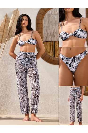 Pack of 3 - Palm Leaf Multi Print Padded Bikini, Brief and Loose Fit Pants