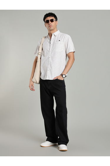 Men Beige Floral Print Short Sleeve Shirt