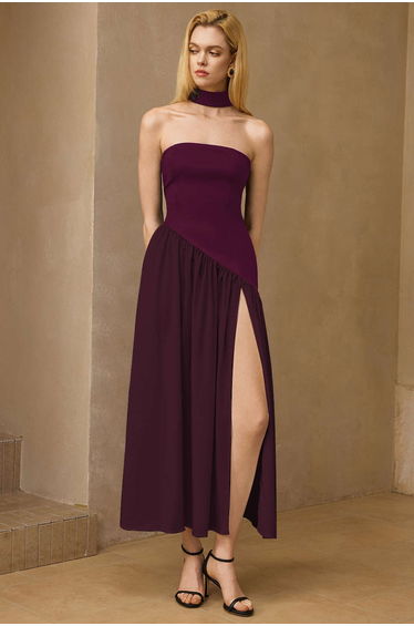 Contrast Satin Ruched Slit Strapless Maxi Dress