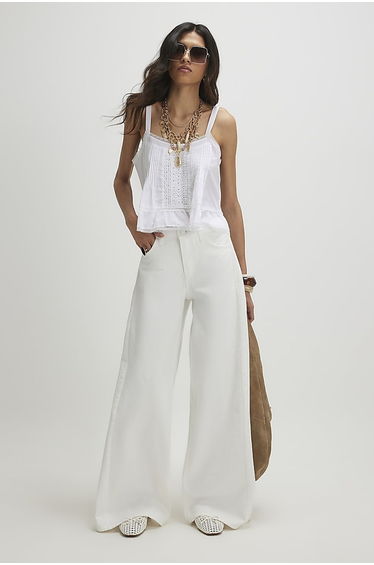 White Pleat Wide Leg Jeans