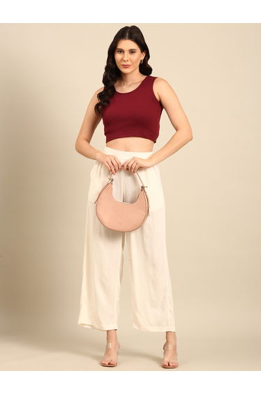 Cream Solid Wide Leg Pants