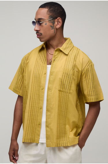 Oversized Embroidered Stripe Short Sleeve Shirt - yellow