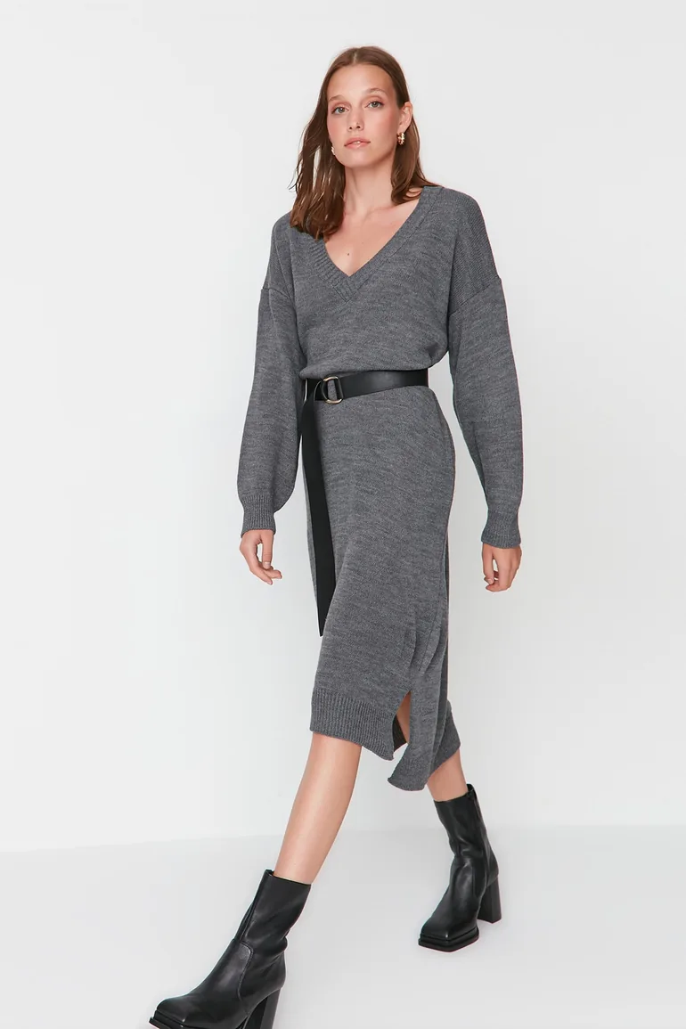 Anthracite Maxi Knitwear V-Neck Dress - 6