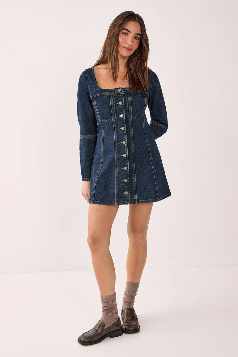 denim corset dress with sleeves Puff Corset Denim Midi Dress