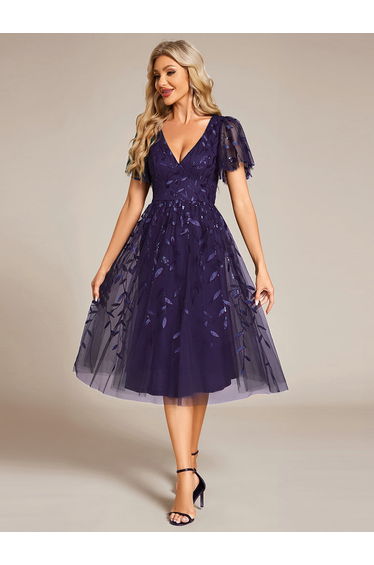 ever SIMONE|Short Sleeves Leaf Sequin A-Line Midi Formal Wedding Guest Dress