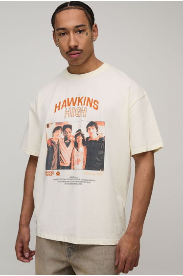 Tall Oversized Stranger Things License Printed T-Shirt - ecru