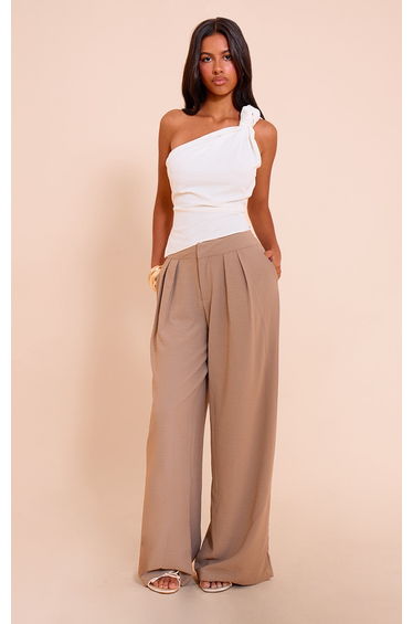 Petite Mushroom Floaty Woven Double Pleat Wide Leg Trousers