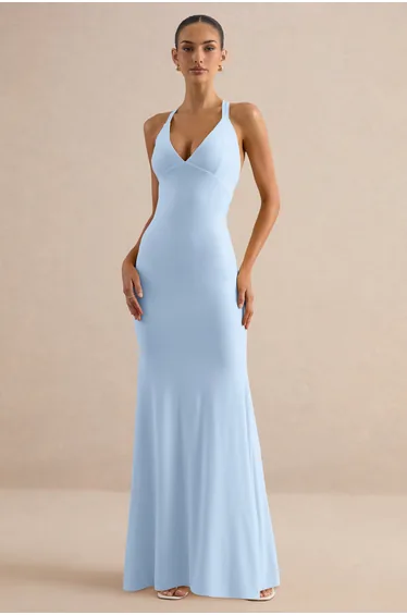Goldiea | Light Blue Halter-Neck Fishtail Maxi Dress