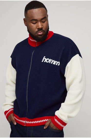 Plus Oversized Zip Up Funnel Neck Homme Knitted Jacket - navy