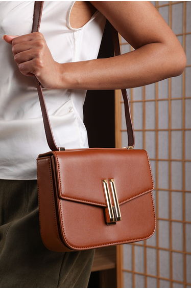 Delrio Gold Clasp Cross Body Tofu Bag In Dark Brown
