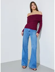 Burgundy Textured Long Sleeve Off-Shoulder Knit Top - 1