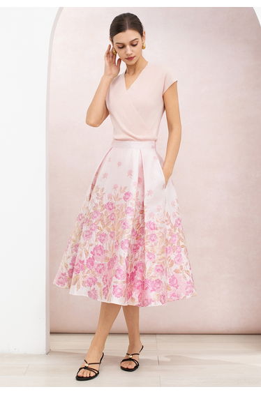 Pinky Peony Metallic Jacquard A-Line Midi Skirt for Engagement Parties & Bridal Showers