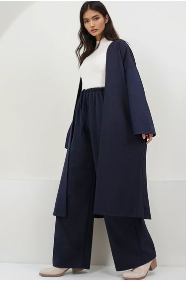 Women's Navy Blue Low Sleeve Long Kimono and Double Pocket Palazzo Pants Set
